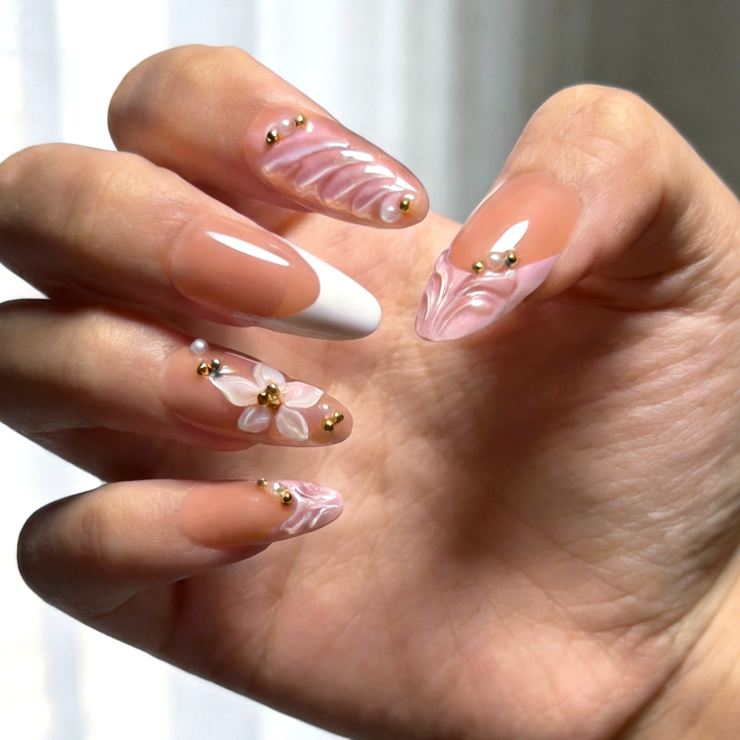 Pink Floral Bow PearlReusable Press On
