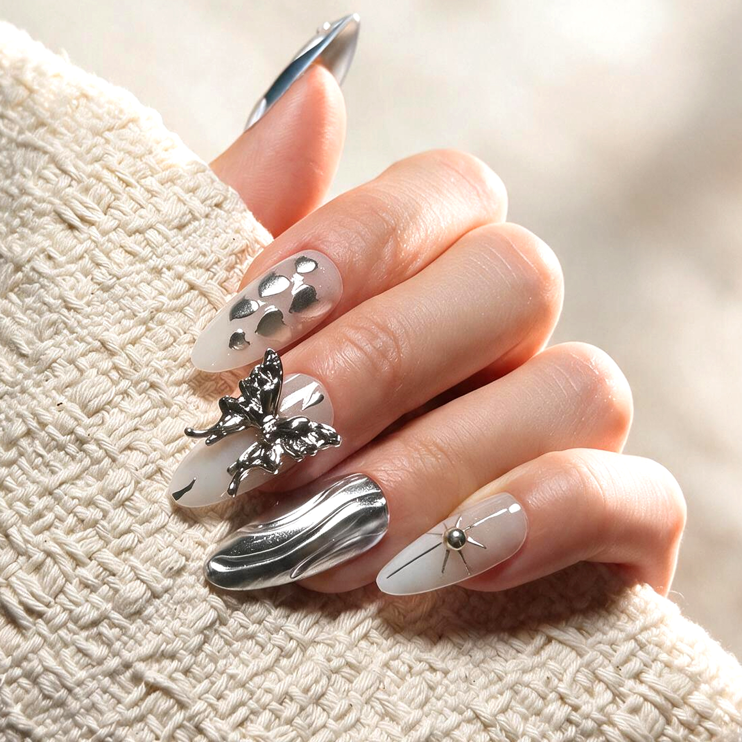 Dark Silver Rhinestone Checkered|Reusable Press On