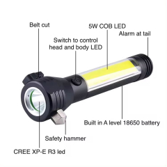 Wholesale Waterproof USB Rechargeable High Lumens Car Safety Hammer Lantern LED Flashlight with Beep Alarm, Baiwei,Wholesale Waterproof USB Rechargeable High Lumens Car Safety Hammer Lantern LED Flashlight with Beep Alarm
