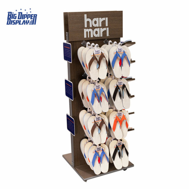 BDD-FF34A New Design Double-Sided Wood Metal Flip Flop Display Stand for Footwear Store, Detachable & Wheel-Mounted