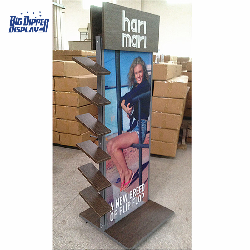 BDD-FF34A New Design Double-Sided Wood Metal Flip Flop Display Stand for Footwear Store, Detachable & Wheel-Mounted
