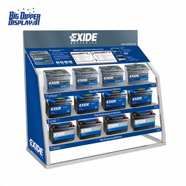 BDD-BA23 high quality car battery metal display shelf stand for shop with wheels
