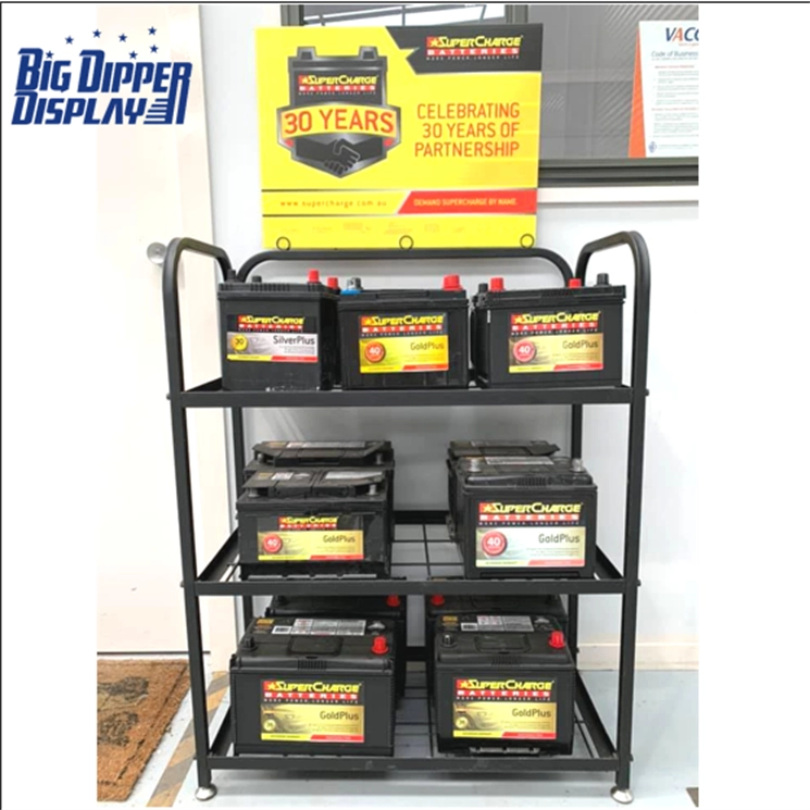 Close view of BDD-BA16 powder coated steel wire shelves and reinforced cross-braced battery display rack