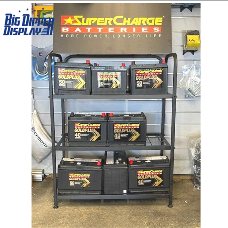 BDD-BA16 heavy duty car inverter battery display stand with three open wire shelves