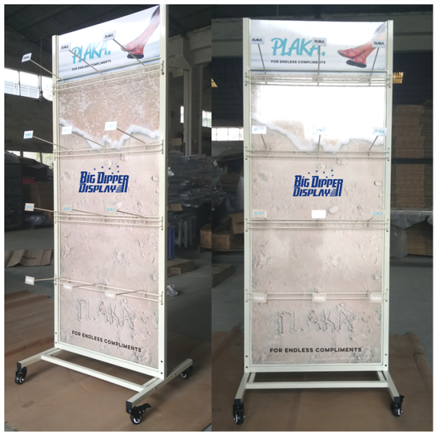 BDD-FF22 Free Standing Metal Slipper Display Stand, Wheel-Mounted Sandal Flip Flop Rack with Powdercoating