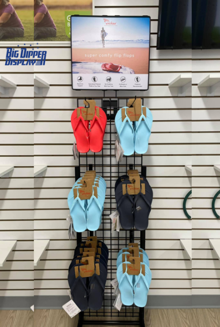 BDD-FF25 Footwear Store Floor Standing Steel Flip Flop Display Rack, Double-Sided with Custom Printed Board