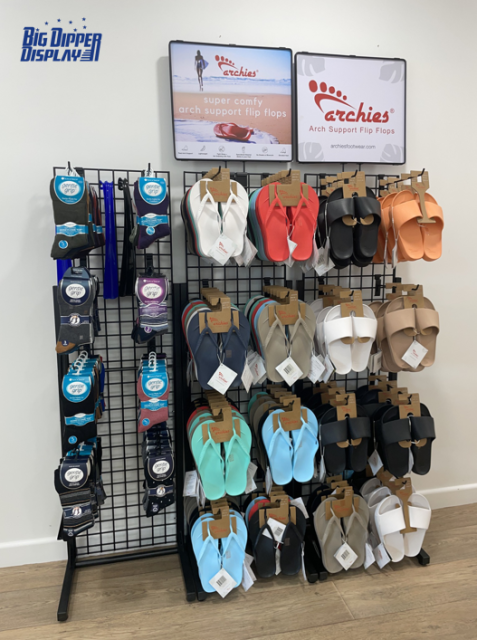 BDD-FF25 Footwear Store Floor Standing Steel Flip Flop Display Rack, Double-Sided with Custom Printed Board