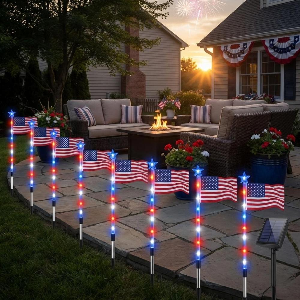 47.24" Oversized Solar American Flag Light Set – 8-Piece Patriotic Yard Lights