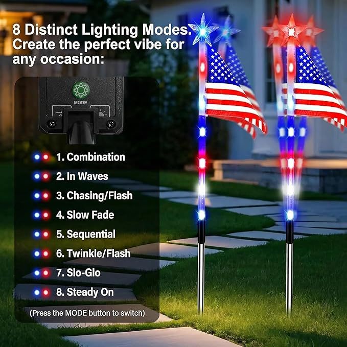 47.24" Oversized Solar American Flag Light Set – 8-Piece Patriotic Yard Lights