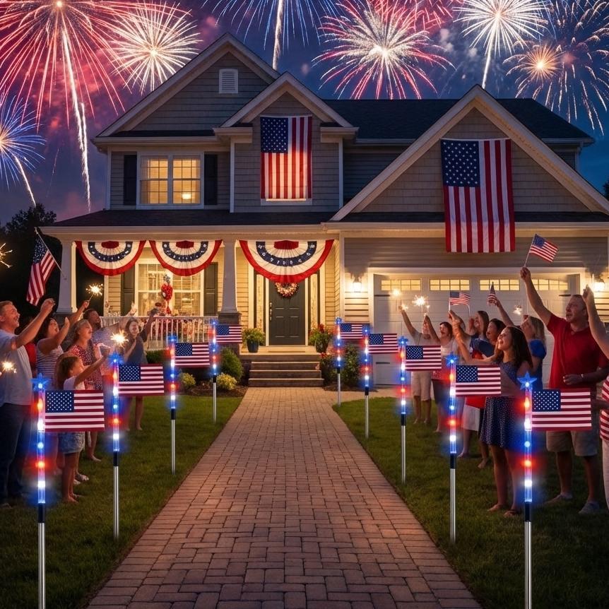 47.24" Oversized Solar American Flag Light Set – 8-Piece Patriotic Yard Lights