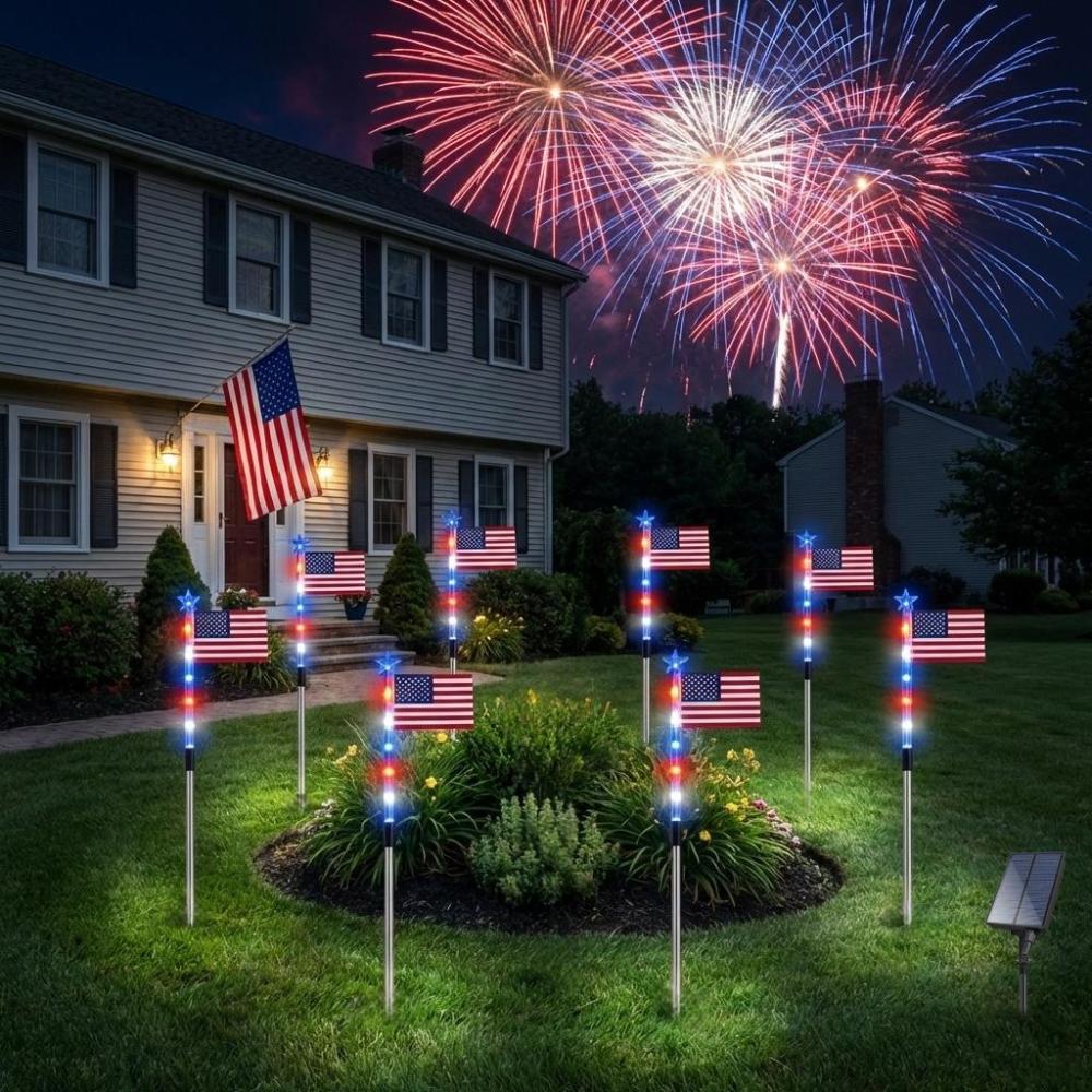 47.24" Oversized Solar American Flag Light Set – 8-Piece Patriotic Yard Lights