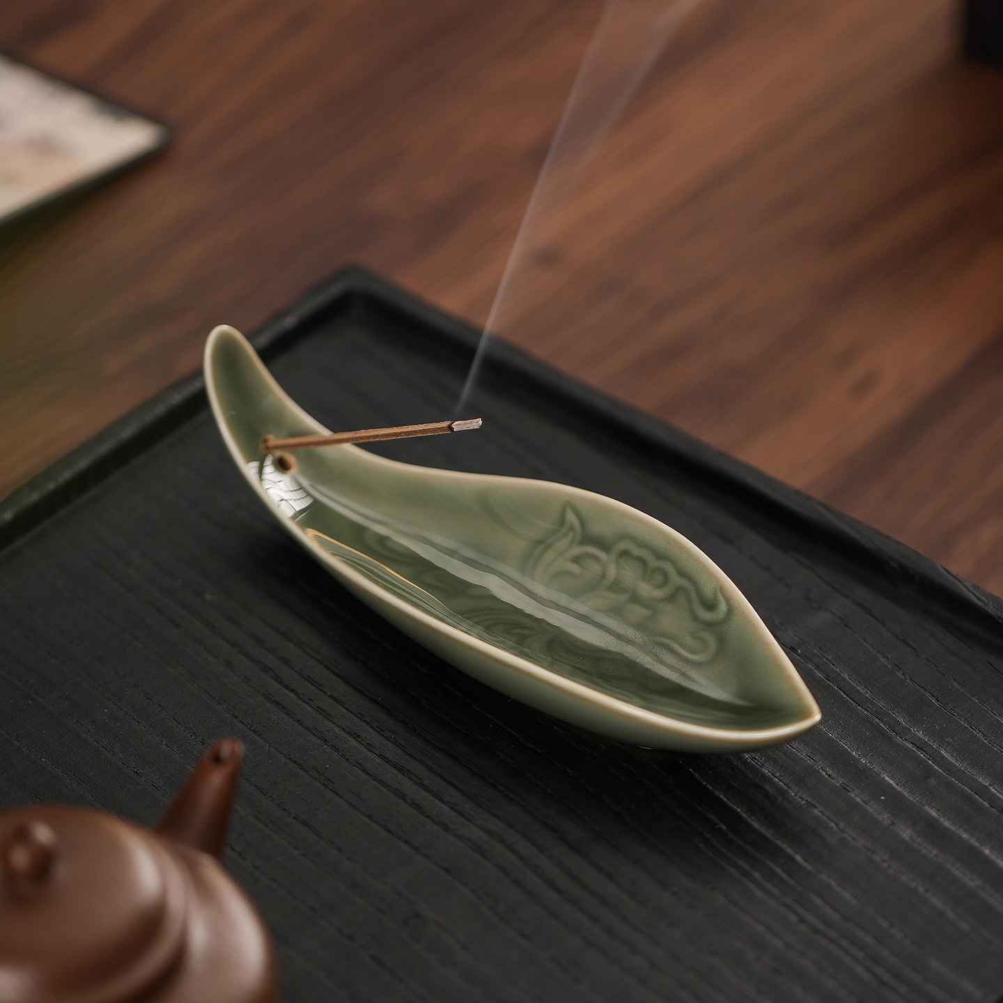 Celadon Leaf Ceramic Incense Holder | Zen Boat Incense Tray