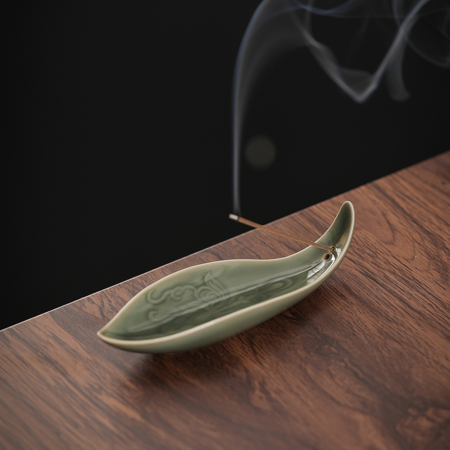 Celadon Leaf Ceramic Incense Holder | Zen Boat Incense Tray
