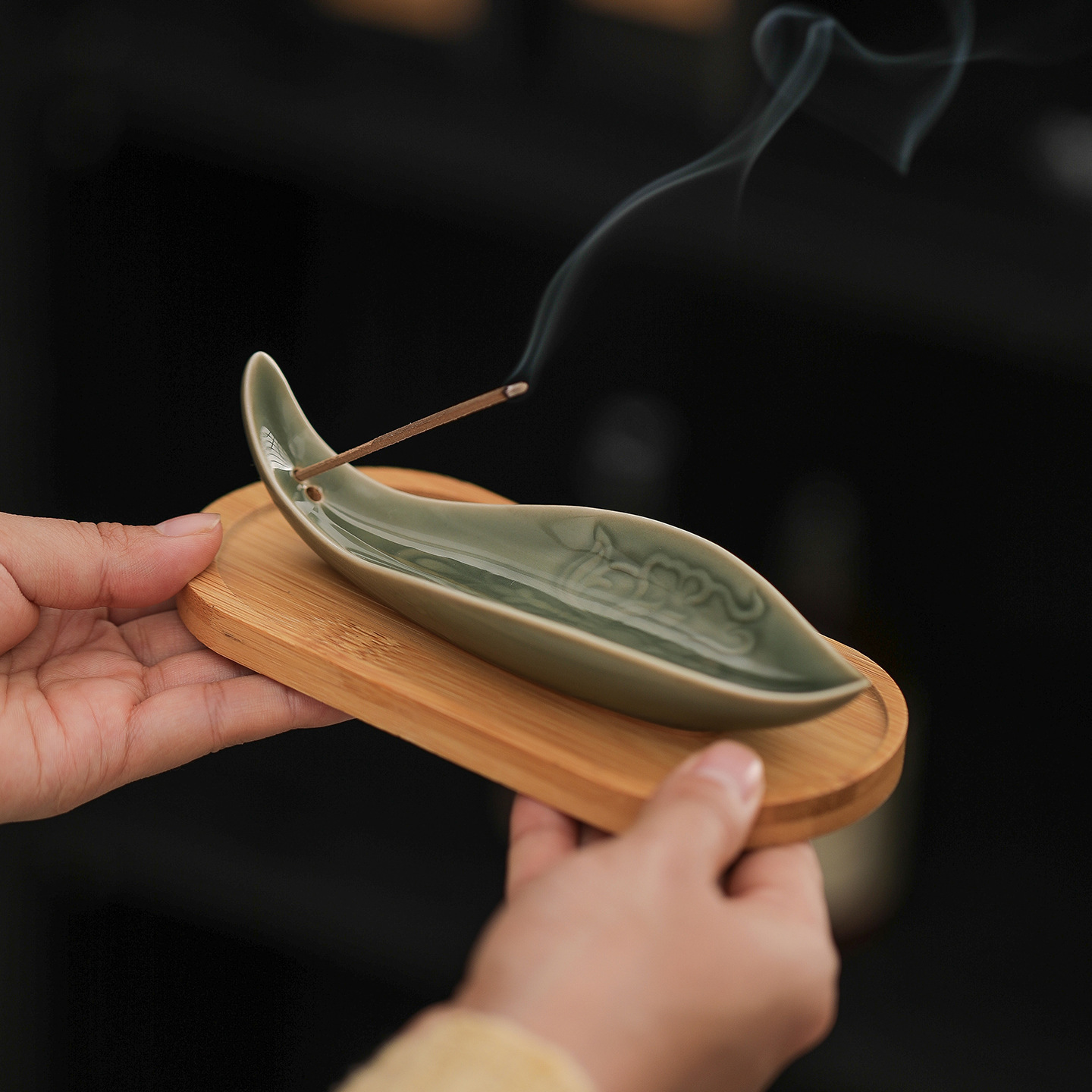 Celadon Leaf Ceramic Incense Holder | Zen Boat Incense Tray