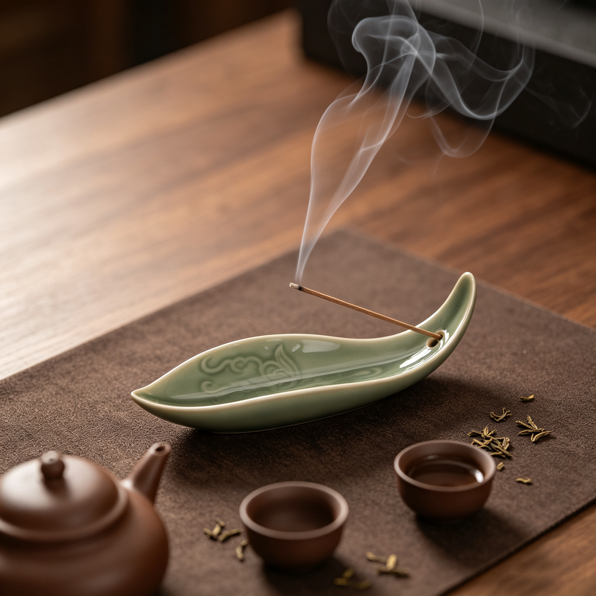 Celadon Leaf Ceramic Incense Holder | Zen Boat Incense Tray