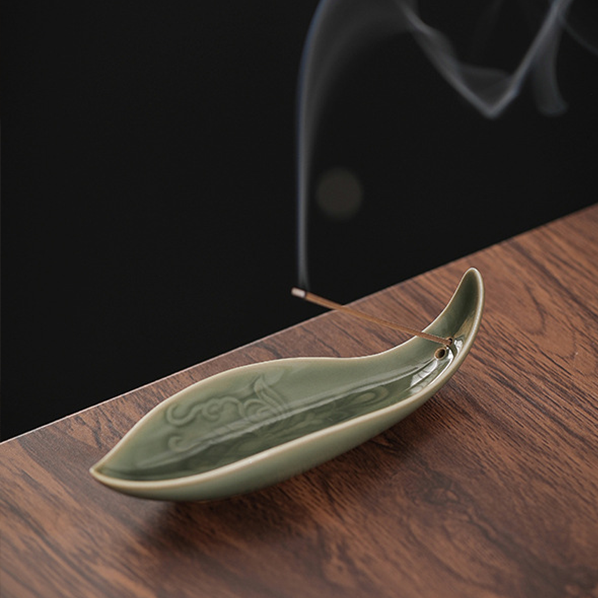Celadon Leaf Ceramic Incense Holder | Zen Boat Incense Tray