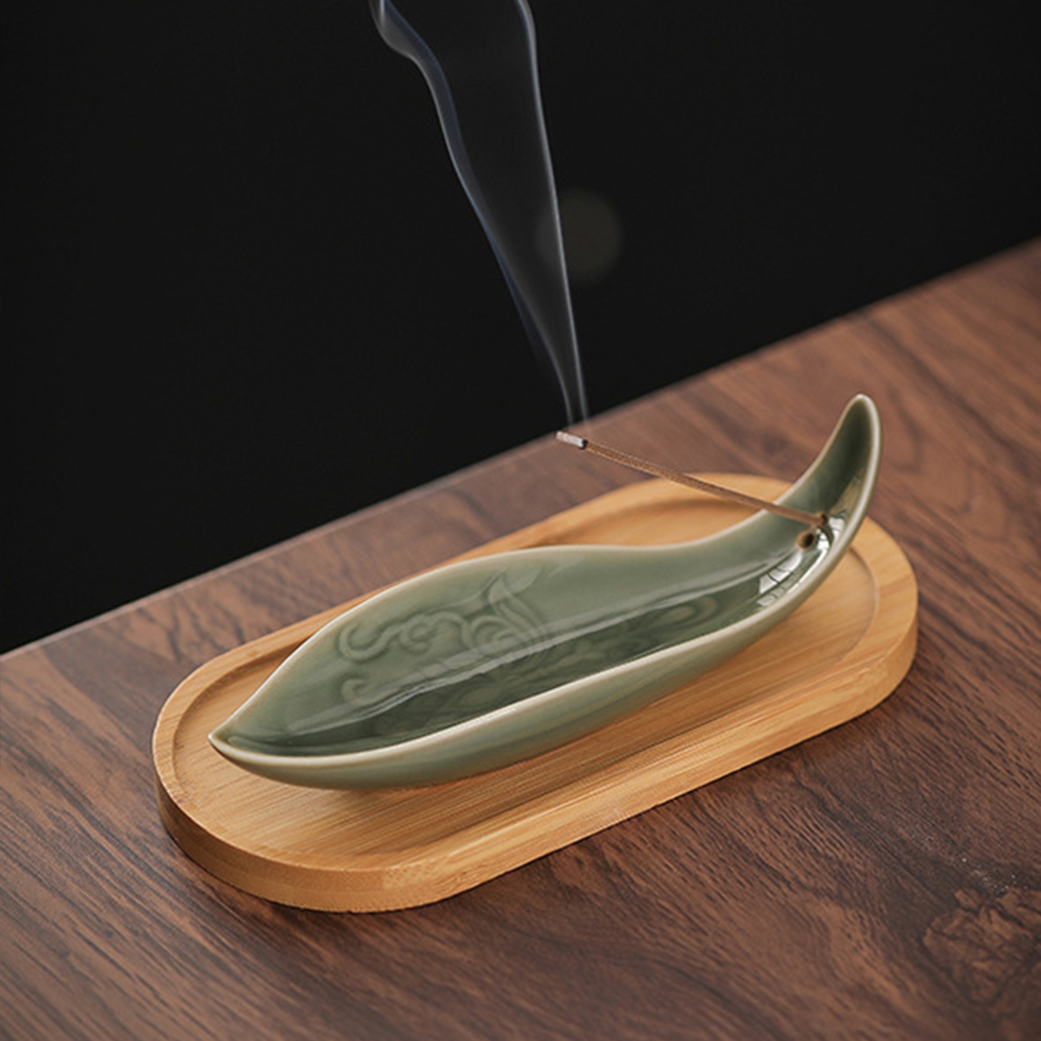 Celadon Leaf Ceramic Incense Holder | Zen Boat Incense Tray