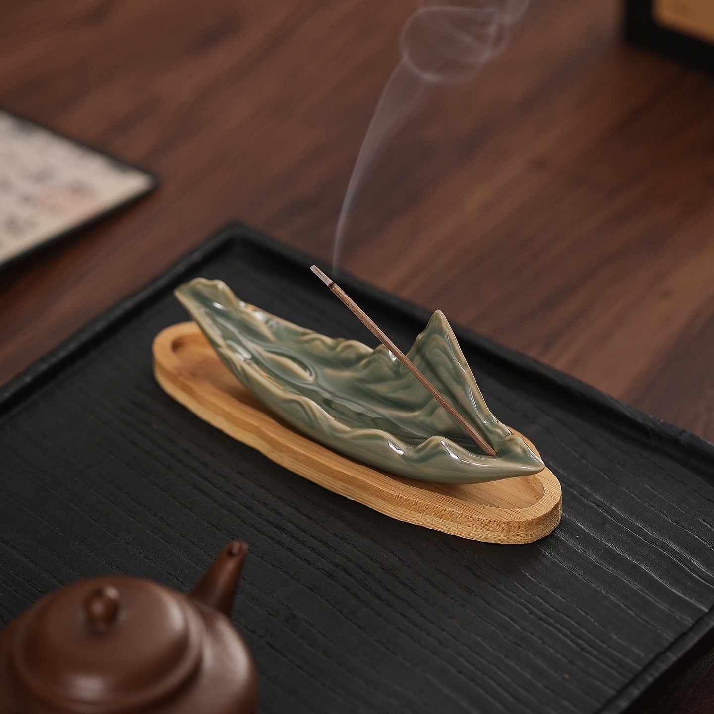 Celadon Mountain Ceramic Incense Holder | Miniature Landscape Zen Stand