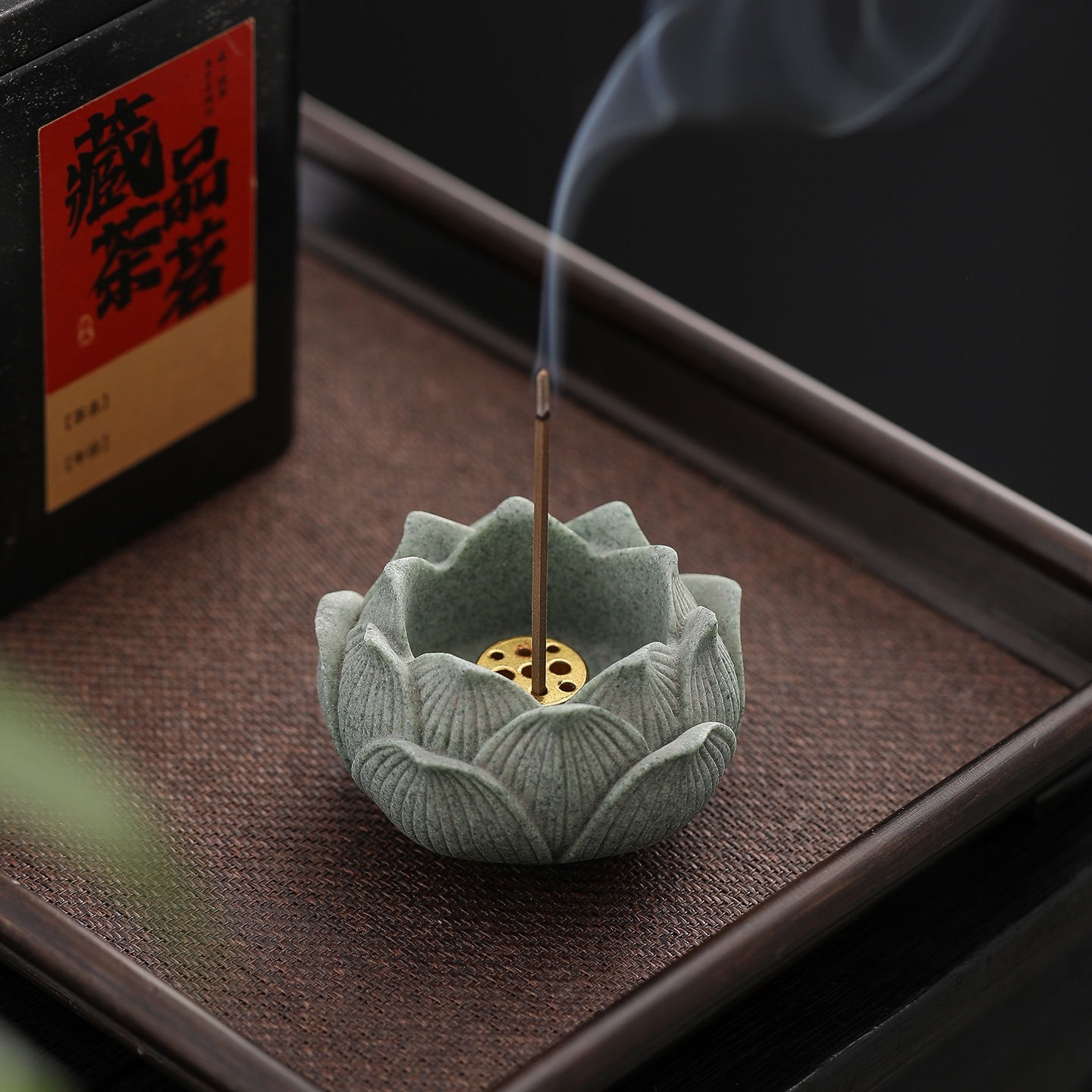 Green Sandstone Lotus Incense Holder | Brass Core Zen Stand