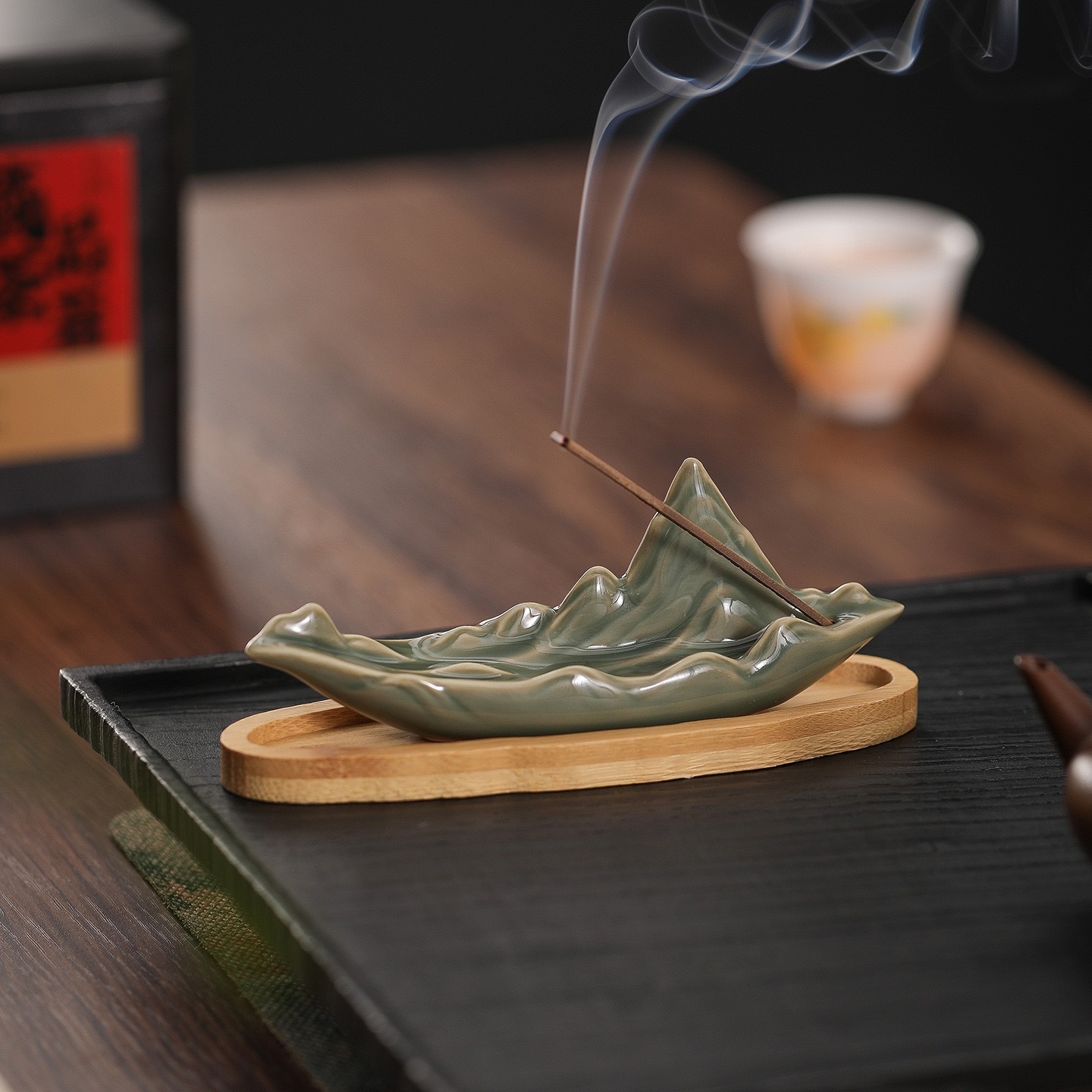 Celadon Mountain Ceramic Incense Holder | Miniature Landscape Zen Stand