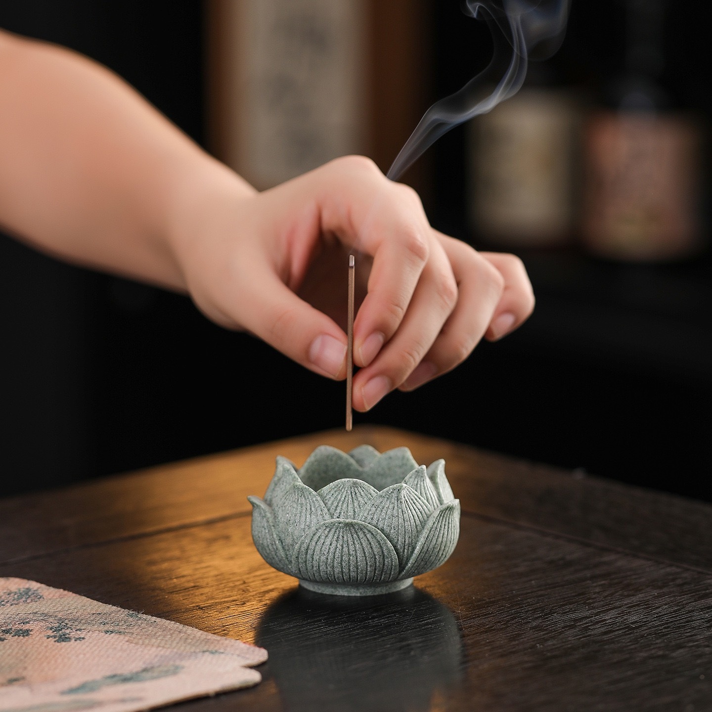 Green Sandstone Lotus Incense Holder | Brass Core Zen Stand