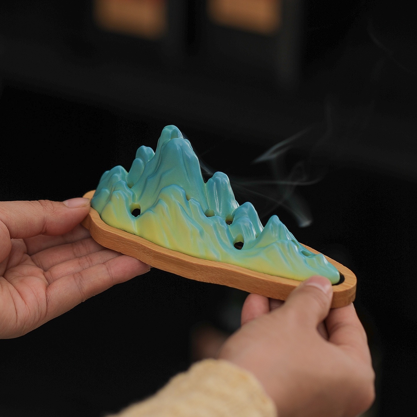 Celadon Landscape Incense Holder | Miniature Mountain Smoke Waterfall