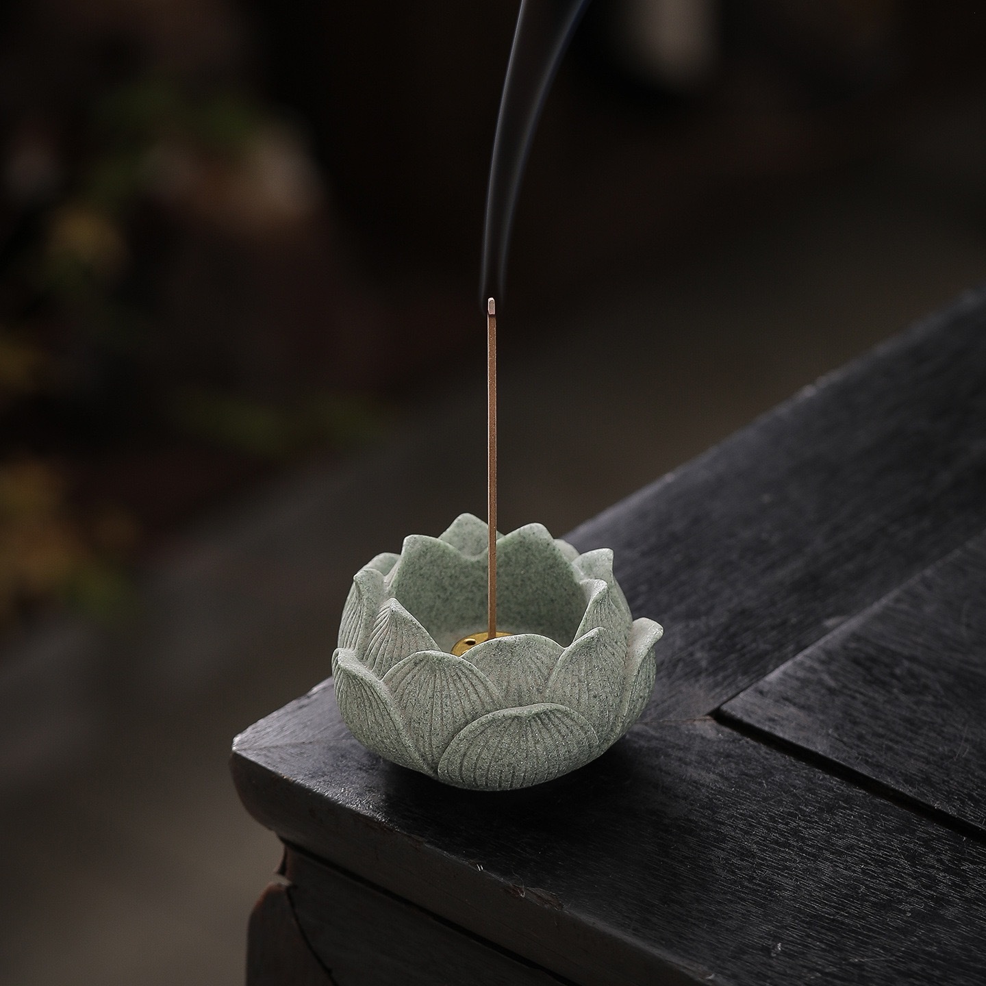 Green Sandstone Lotus Incense Holder | Brass Core Zen Stand