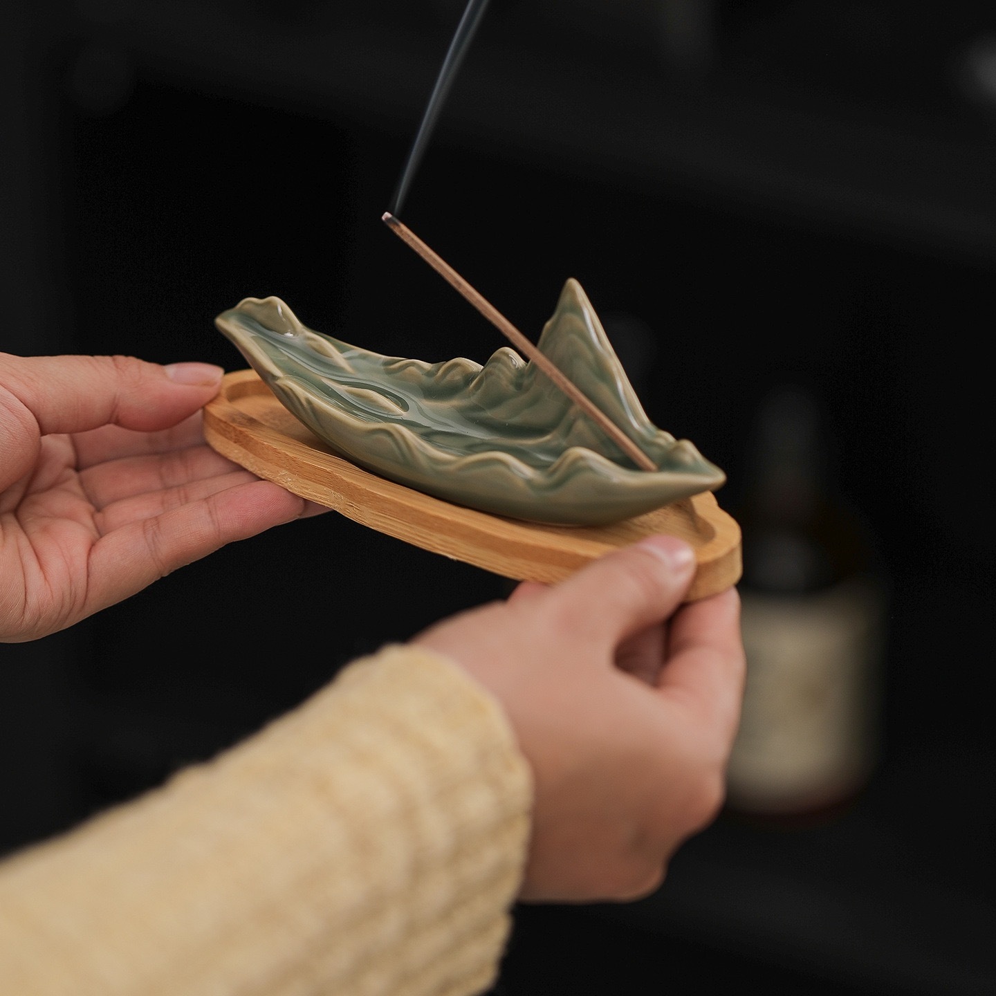 Celadon Mountain Ceramic Incense Holder | Miniature Landscape Zen Stand