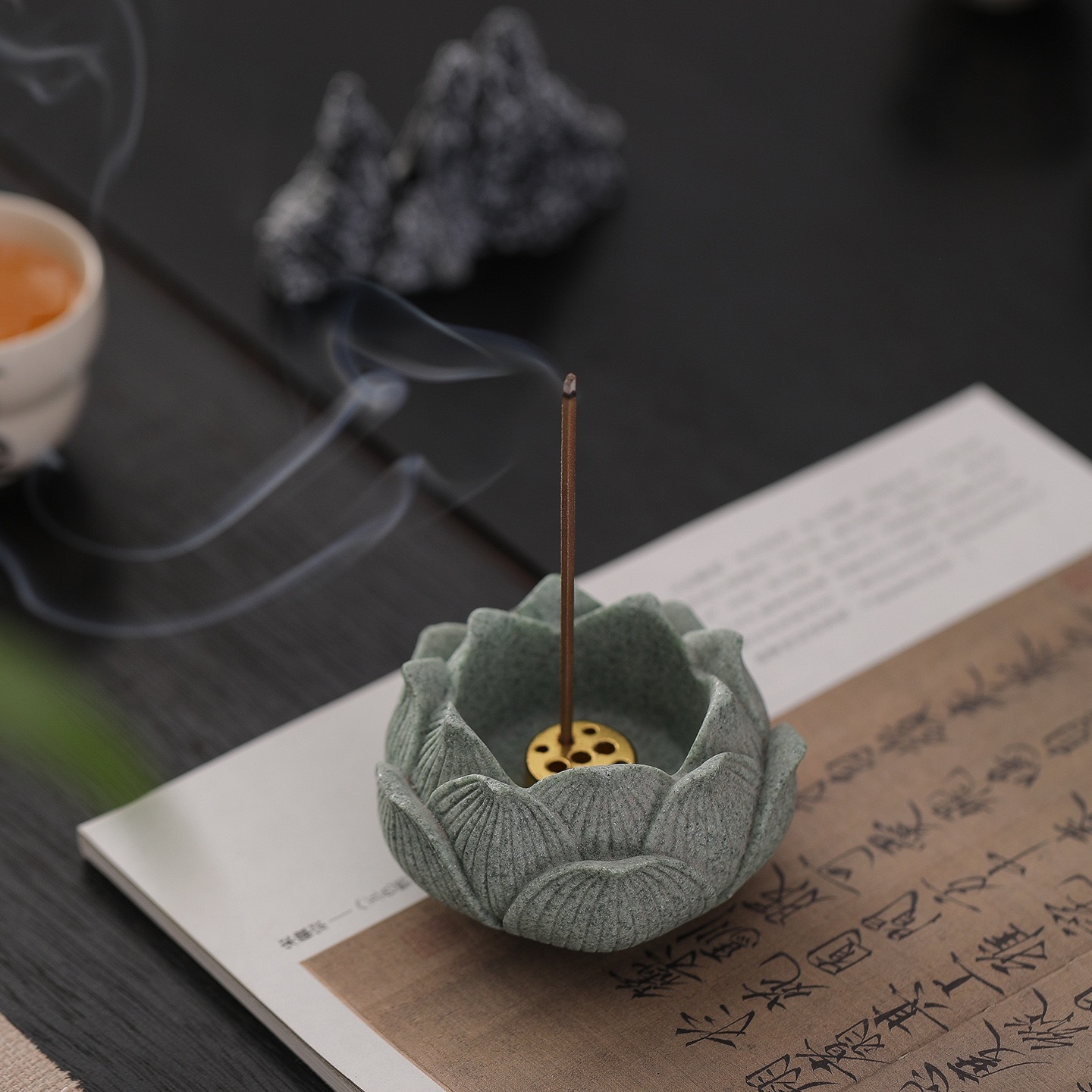 Green Sandstone Lotus Incense Holder | Brass Core Zen Stand