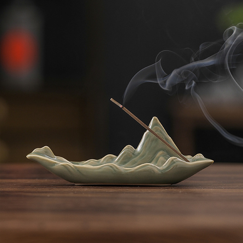Celadon Mountain Ceramic Incense Holder | Miniature Landscape Zen Stand