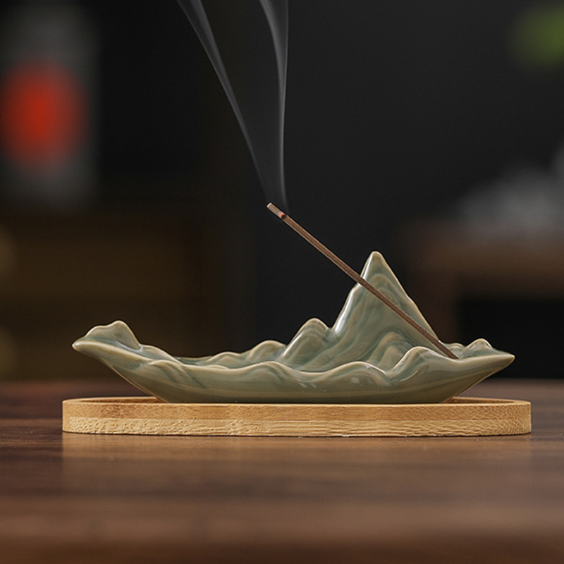 Celadon Mountain Ceramic Incense Holder | Miniature Landscape Zen Stand
