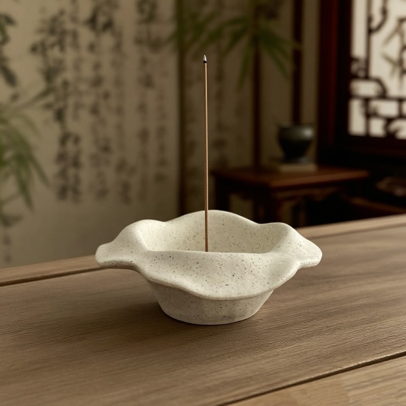 Lotus Wave Ceramic Incense Holder | Wabi-Sabi Dual-Use Stand with Brass Core