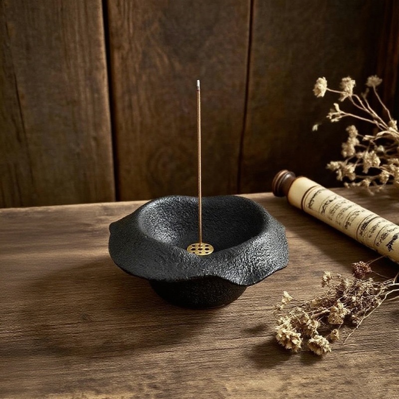 Lotus Wave Ceramic Incense Holder | Wabi-Sabi Dual-Use Stand with Brass Core