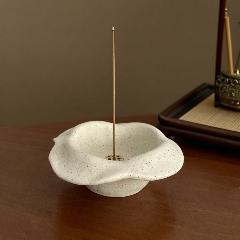 Lotus Wave Ceramic Incense Holder | Wabi-Sabi Dual-Use Stand with Brass Core