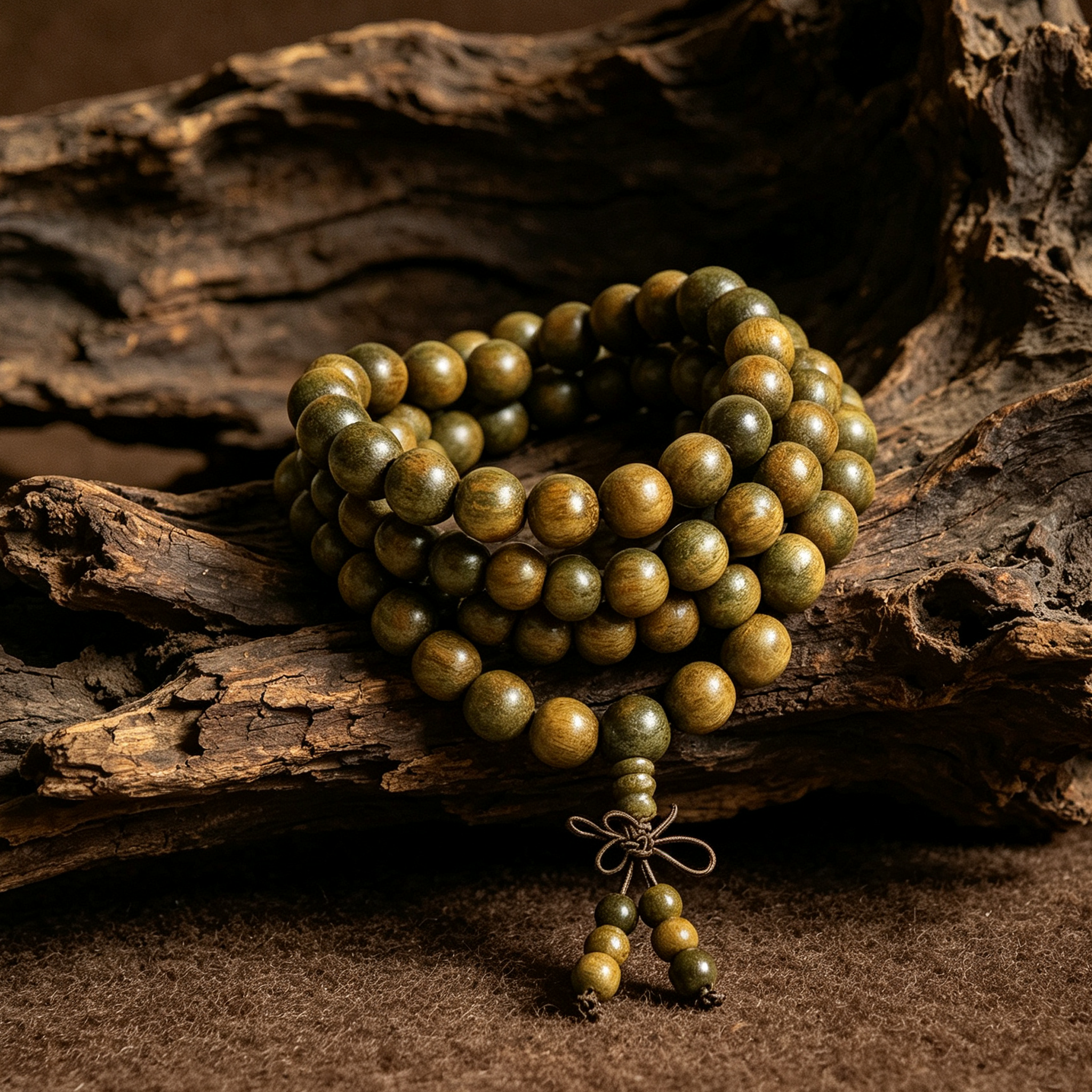 Green Sandalwood 108-Bead Mala | Calming Forest Scent Wood Bracelet