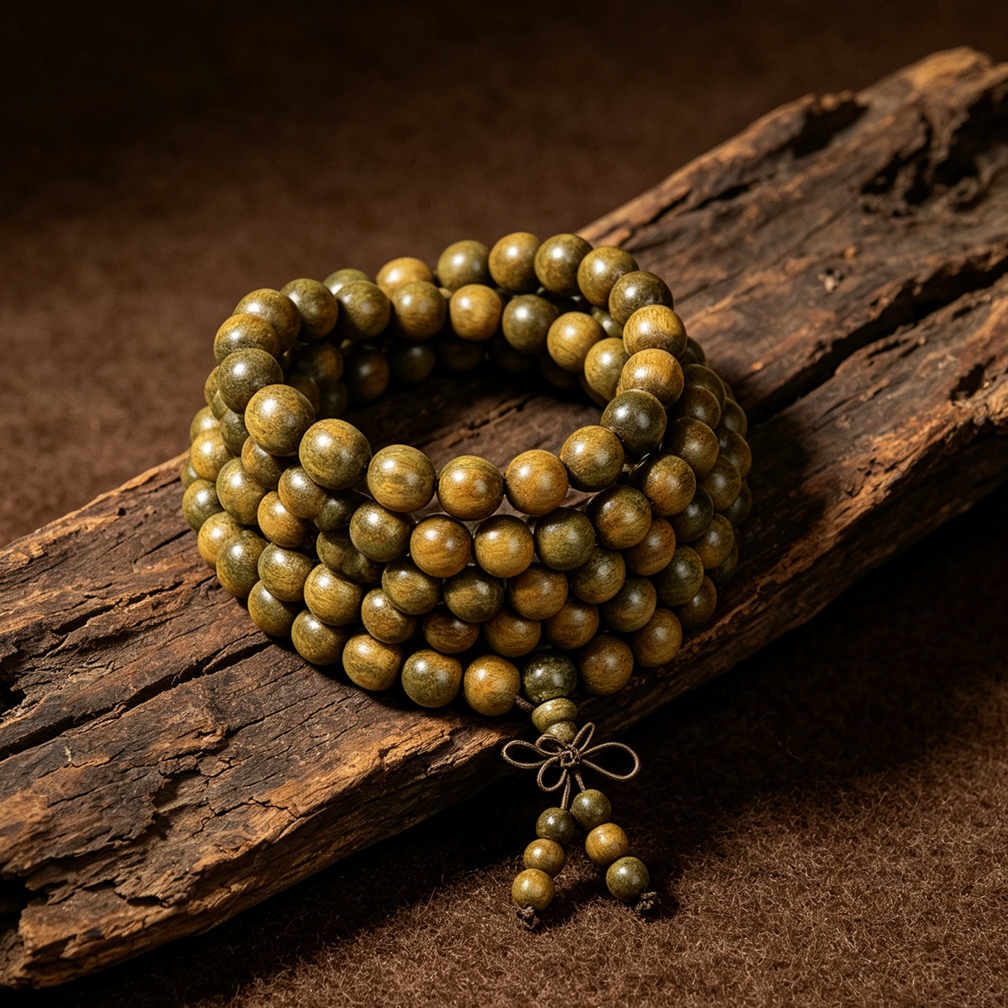 Green Sandalwood 108-Bead Mala | Calming Forest Scent Wood Bracelet