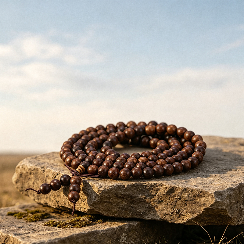 Golden Phoebe Sandalwood 108-Bead Mala | Old-Growth Meditation Bracelet