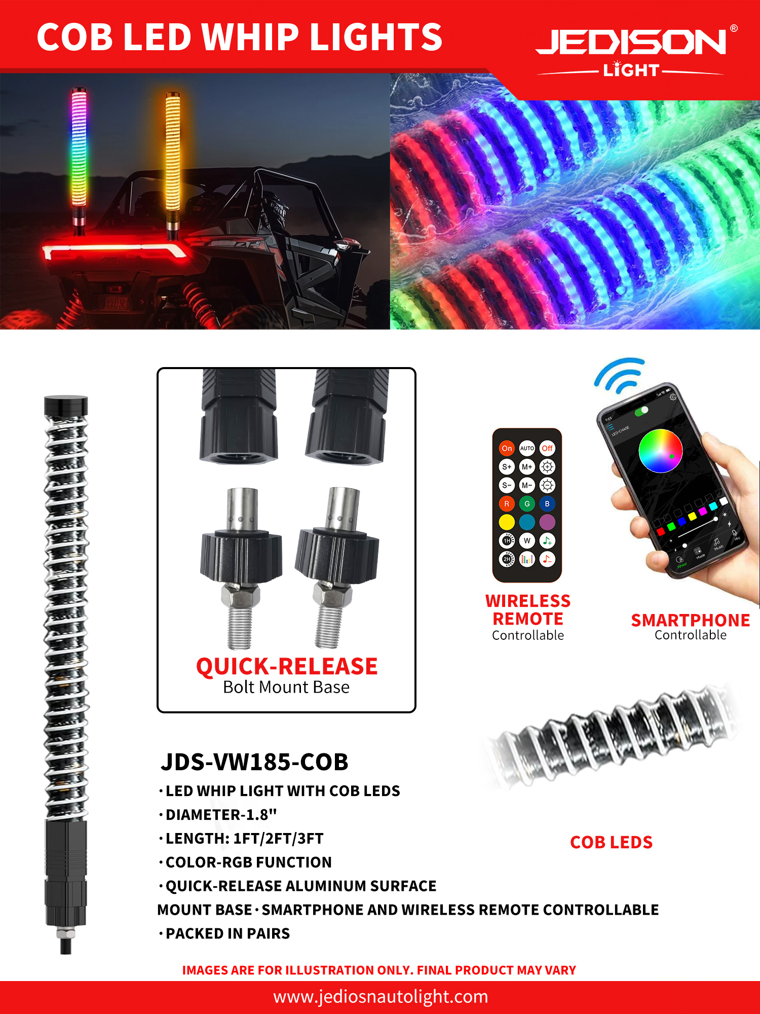 1.8inch Fat COB RGB Chasing Whip Bright Safety Ambient Flag Pole Light UTV ATV Off-road Truck Car 12V 1ft 2ft 3ft 4ft 5ft 6ft,MY SHOP,LED Light Bar