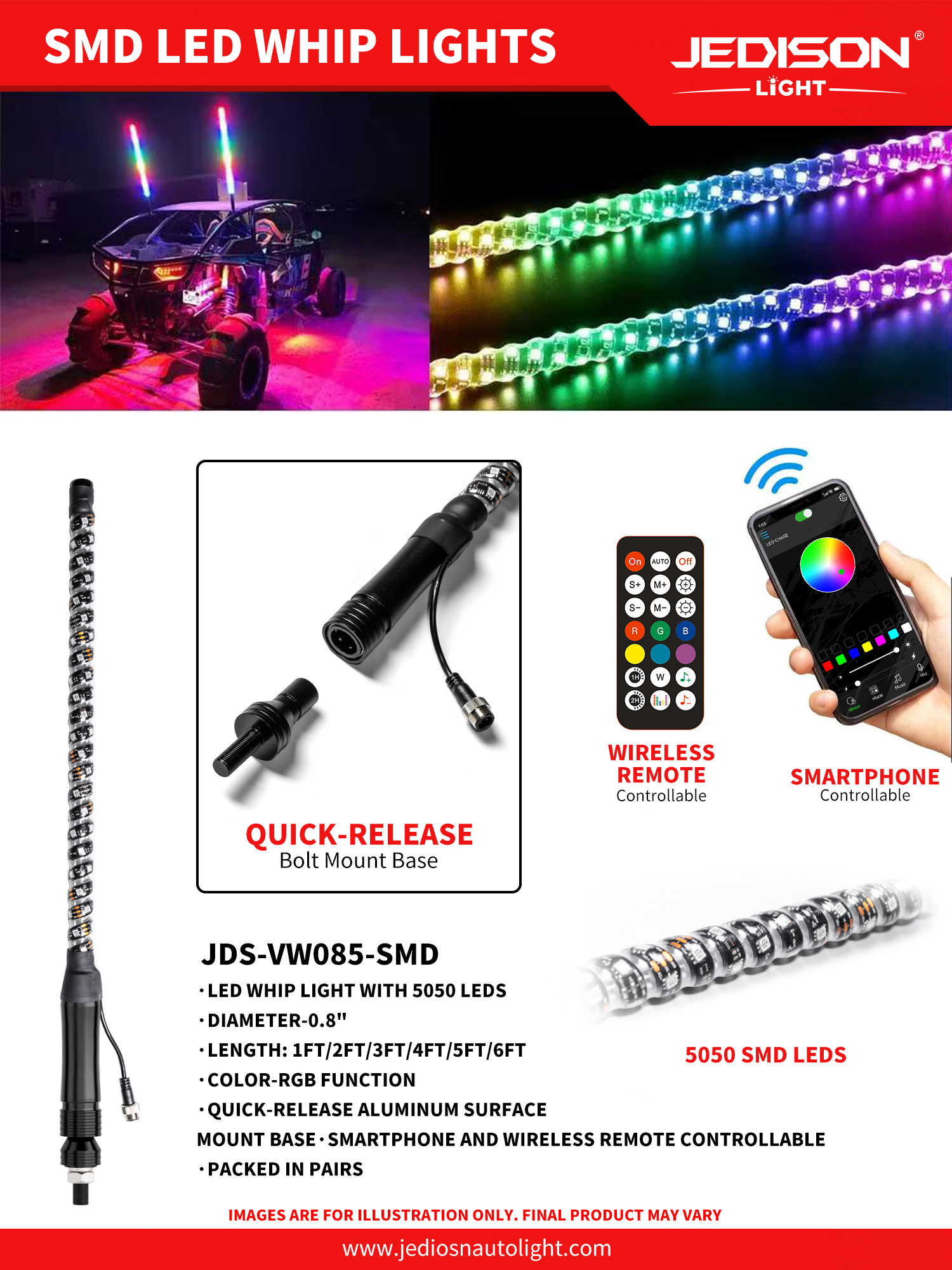 0.8inch SMD RGB LED Whip Lights Dream Color Flow Chasing Music Sync APP & Remote Control for ATV UTV Offroad,MY SHOP,LED Headlight
