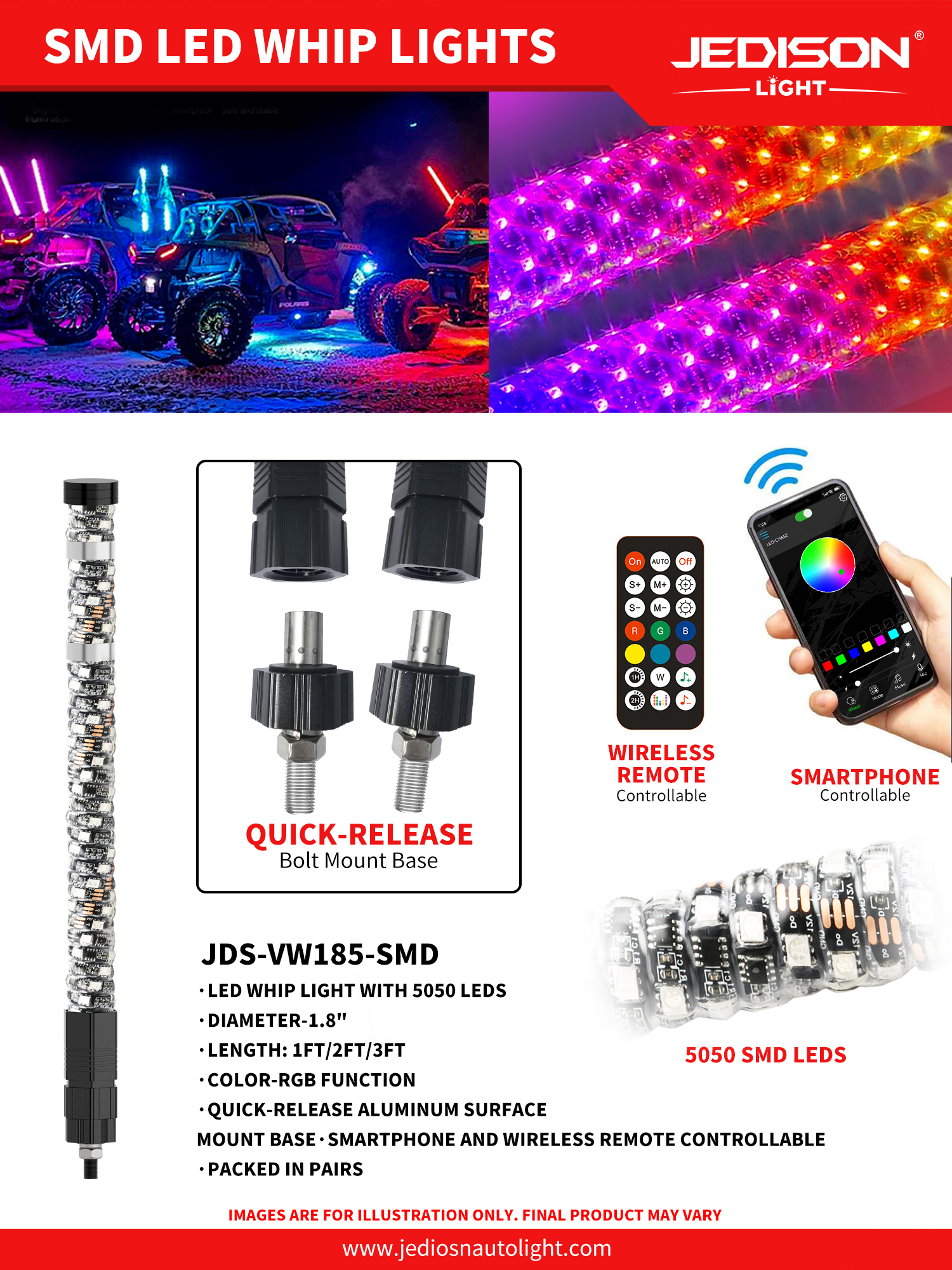 1.8inch Fat RGB LED Whip Lights Quick Disconnect Plug and Play Mount Base P67 3ft 4ft for ATV UTV Offroad,MY SHOP,LED Driving Light