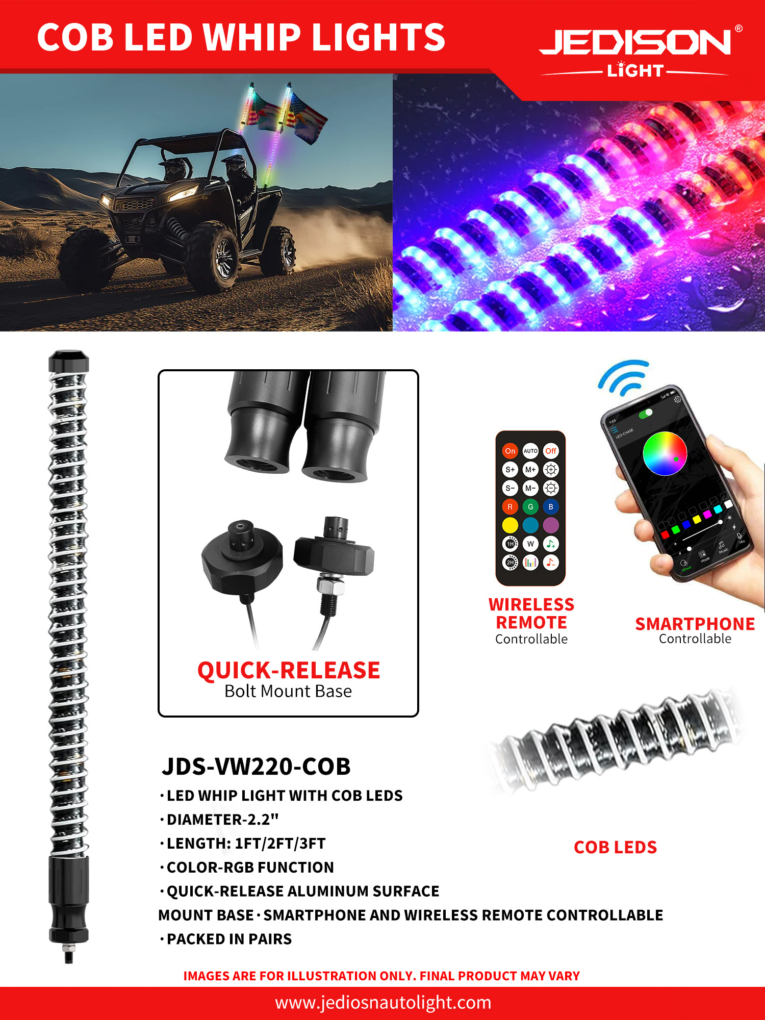 2.2inch Fat RGB LED Whip Lights Addressable Pixel High Brightness APP Control 3FT 4FT IP67 Waterproof for Offroad Vehicles,JEDISON LED Off-Road Lights Manufacturer & Factory,LED Whip Light