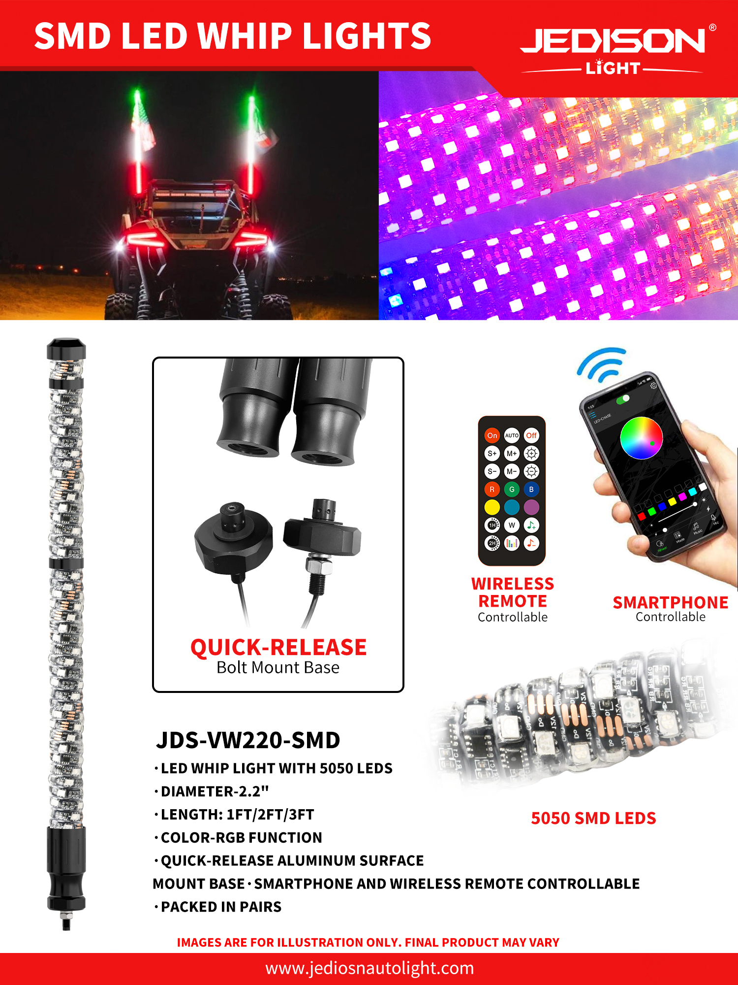 2.2inch Fat RGB LED Whip Lights  Screw-On Base Flag Mount Shock-Resistant Mount Bracket for ATV UTV Offroad,JEDISON LED Off-Road Lights Manufacturer & Factory,LED RV Light