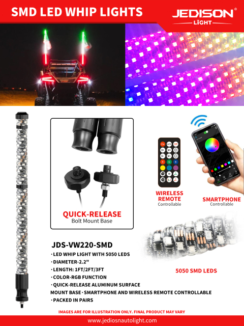 2.2inch Fat RGB LED Whip Lights  Screw-On Base Flag Mount Shock-Resistant Mount Bracket for ATV UTV Offroad,JEDISON LED Off-Road Lights Manufacturer & Factory,LED RV Light