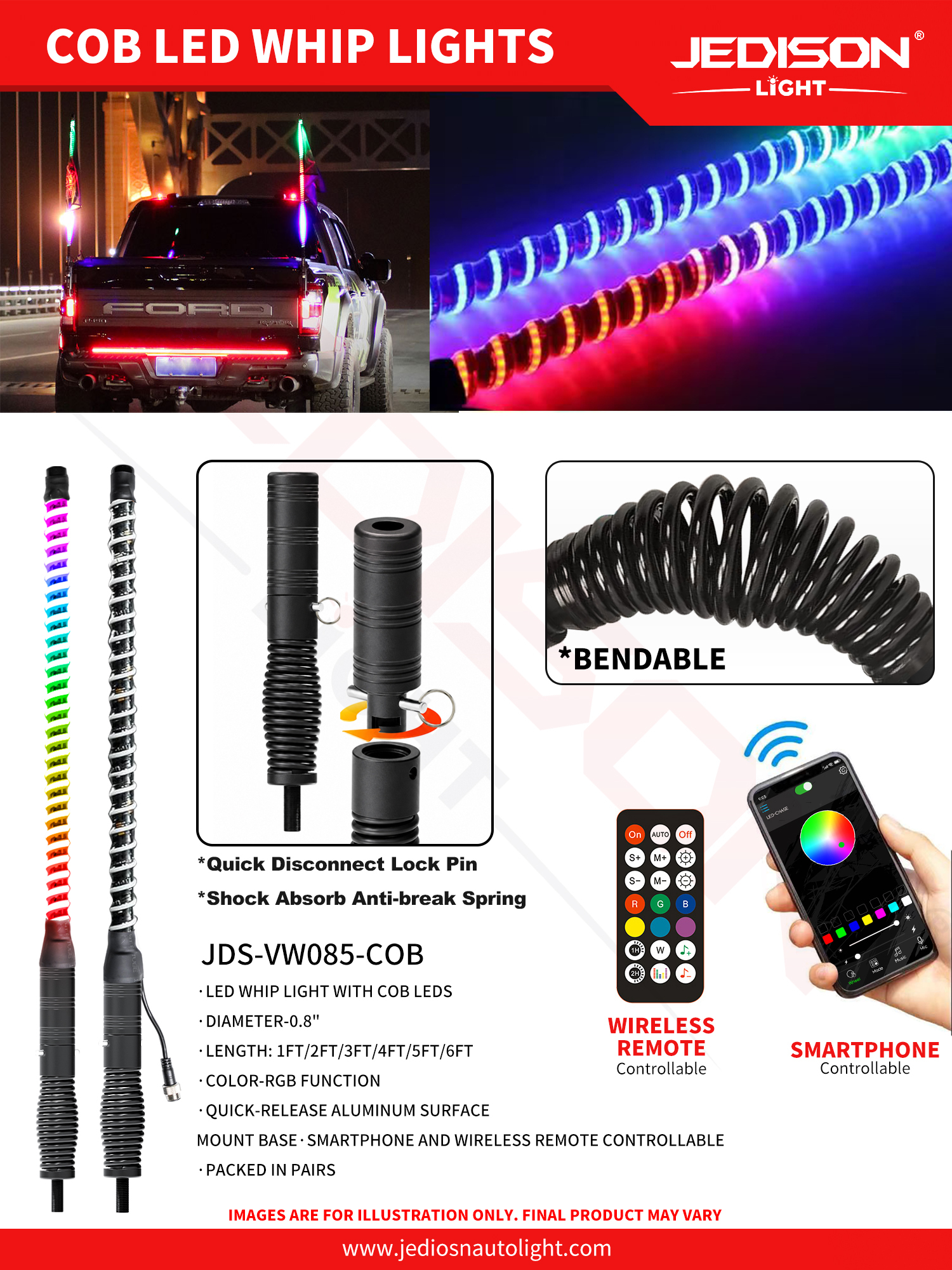 0.8inch COB RGB LED Whip Light Spring Base Quick Release Flag Pole Lamp IP67 Waterproof 12V 24V Offroad ATV UTV,JEDISON LED Off-Road Lights Manufacturer & Factory,LED Work Light