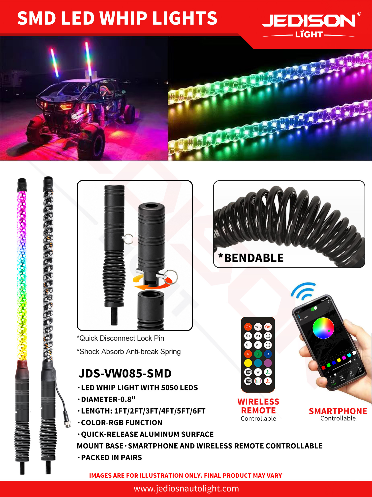 0.8inch SMD RGB LED Whip Light Spring Base Quick Disconnect Antenna Light RGB Chase Strobe Light IP67 for Truck ATV UTV,JEDISON LED Off-Road Lights Manufacturer & Factory,LED Pod Light