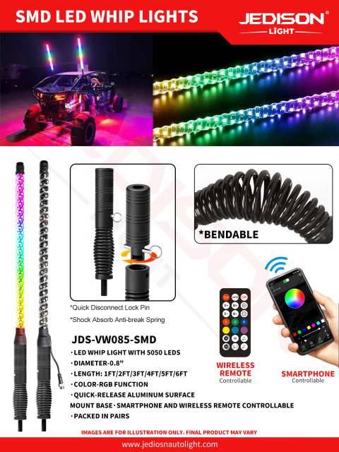 0.8inch SMD RGB LED Whip Light Spring Base Quick Disconnect Antenna Light RGB Chase Strobe Light IP67 for Truck ATV UTV,JEDISON LED Off-Road Lights Manufacturer & Factory,LED Pod Light