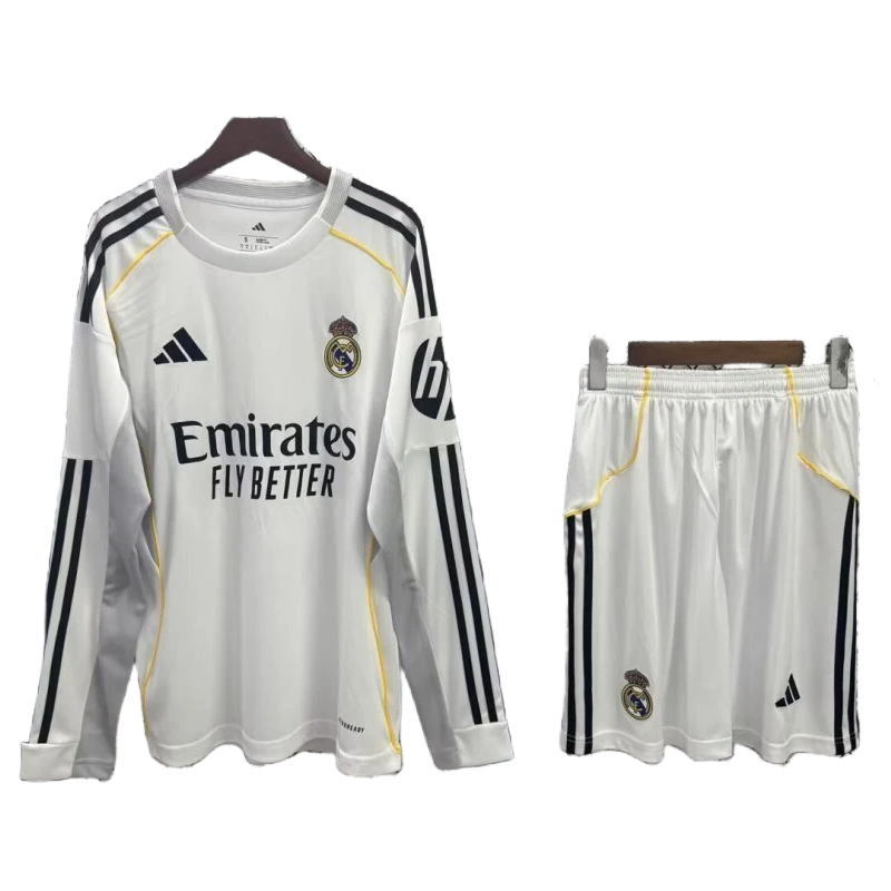2025-26 Real Madrid Home Kids Long Sleeve Soccer jersey Kit Jersey+Shorts