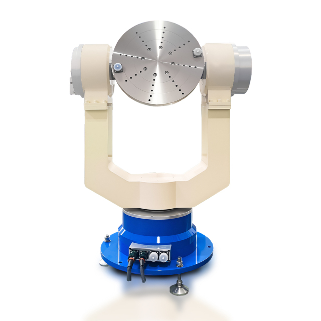 Close-up of precision rotary bearing on inertial navigation test table ensuring smooth motion control
