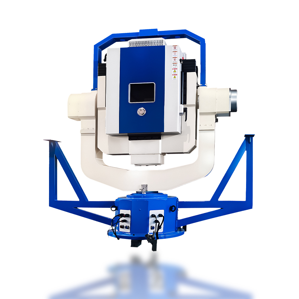 Three-axis motion simulation rate table in aerospace testing site executing inertial navigation calibration