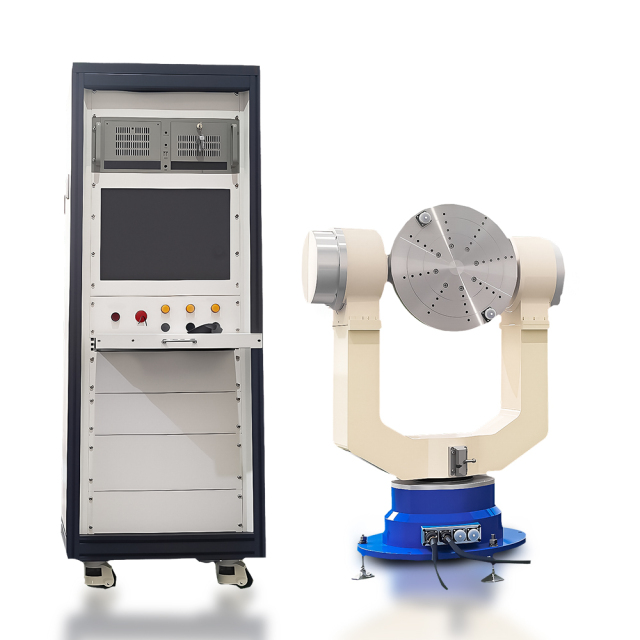 White background inertial navigation test table with three axis motion capability for aerospace calibration